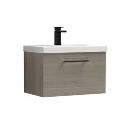 Balterley 600mm Wall Hung 1 Drawer Vanity Basin Unit, Mid Oak, Black Handle in Brown