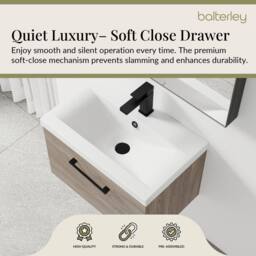 Balterley 600mm Wall Hung 1 Drawer Vanity Basin Unit, Mid Oak, Black Handle in Brown - thumbnail 3