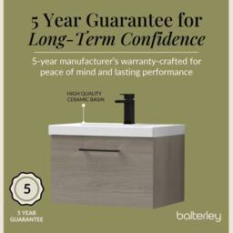 Balterley 600mm Wall Hung 1 Drawer Vanity Basin Unit, Mid Oak, Black Handle in Brown - thumbnail 6