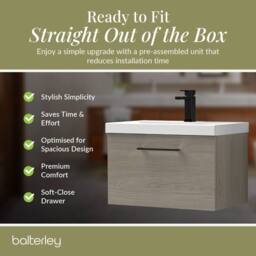 Balterley 600mm Wall Hung 1 Drawer Vanity Basin Unit, Mid Oak, Black Handle in Brown - thumbnail 4