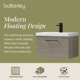 Balterley 600mm Wall Hung 1 Drawer Vanity Basin Unit, Mid Oak, Black Handle in Brown - thumbnail 2