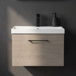 Balterley 600mm Wall Hung 1 Drawer Vanity Basin Unit, Mid Oak, Black Handle in Brown - thumbnail 9