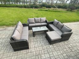 Fimous Outdoor Lounge Sofa Set 10 Seater Rattan Garden Furniture Set with Rectangular Coffee Table Big Footstool 3 Seater Sofa Dark Grey Mixed - thumbnail 2