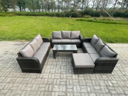 Fimous Outdoor Lounge Sofa Set 10 Seater Rattan Garden Furniture Set with Rectangular Coffee Table Big Footstool 3 Seater Sofa Dark Grey Mixed - thumbnail 1