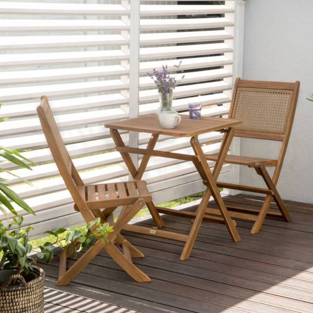 Wyld and Coco Acacia Living 3 Piece Folding Bistro Set 2 Chairs and Table Slatted in Brown - image 1