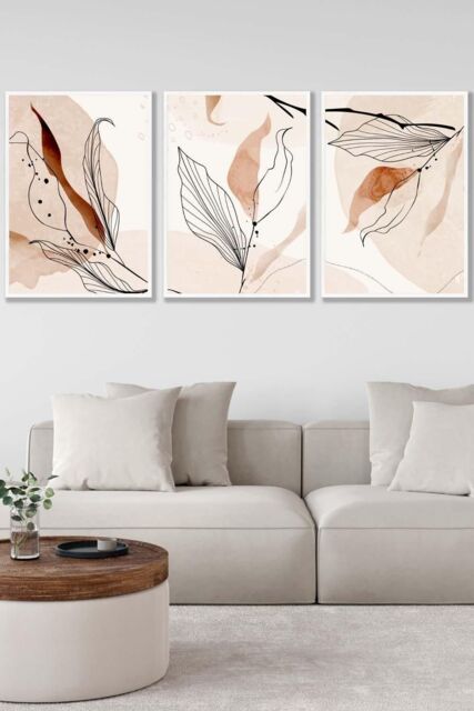 ARTZE Set of 3 White Framed Graphical Line Art Autumn Leaves Wall Art in Pale Orange - Size: W45 cm x H62 cm x D20mm - image 1