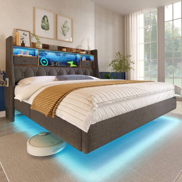 Matteo Grey Linen Floating Super King Bed - LED, USB, Storage Headboard - image 1
