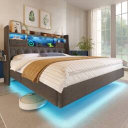 Matteo Grey Linen Floating Super King Bed - LED, USB, Storage Headboard