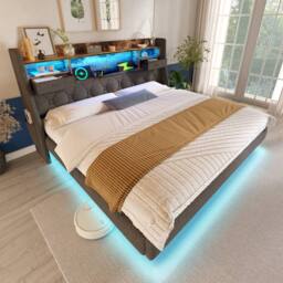 Matteo Grey Linen Floating Super King Bed - LED, USB, Storage Headboard - thumbnail 8