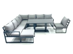 Fimous 9 Seater Outdoor Aluminum Garden Furniture Set Corner Sofa Big Footstool Rising Lifting Dining Table Sets Dark Grey - thumbnail 1