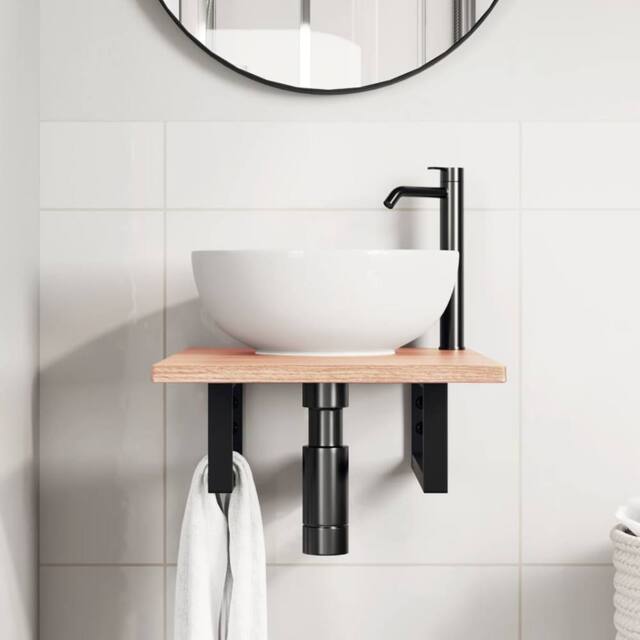 Berkfield Home Elegant Basin Shelf Wall Mounted Steel & Solid Wood Oak in Light Brown - image 1