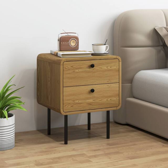 HOMCOM Bedside Table, Modern Nightstand with 2 Drawers Rounded Edges, Oak in Natural - image 1