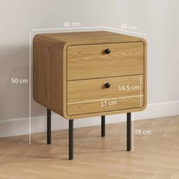 HOMCOM Bedside Table, Modern Nightstand with 2 Drawers Rounded Edges, Oak in Natural - thumbnail 3