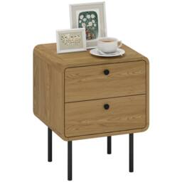 HOMCOM Bedside Table, Modern Nightstand with 2 Drawers Rounded Edges, Oak in Natural - thumbnail 2