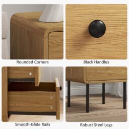 HOMCOM Bedside Table, Modern Nightstand with 2 Drawers Rounded Edges, Oak in Natural - thumbnail 5