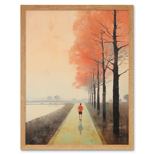 Artery8 Wall Art Print Early Morning Jogging Pastel Colour Oil Painting Jogger on Lakeside Pink Tree Trail Countryside Landscape Art Framed - image 1