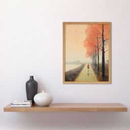 Artery8 Wall Art Print Early Morning Jogging Pastel Colour Oil Painting Jogger on Lakeside Pink Tree Trail Countryside Landscape Art Framed - thumbnail 2