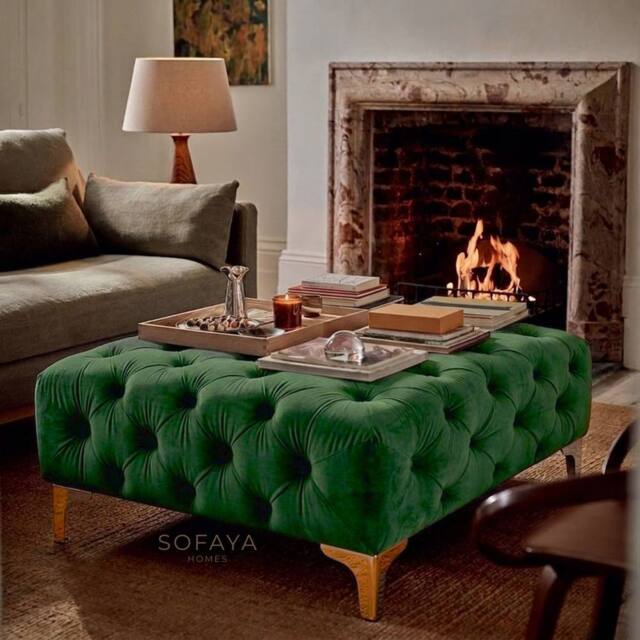 Sofaya Monaco Chesterfield Velvet Foot Stool, Deep Buttoned Coffee Table in Green - Size: 100 cm x 80 cm - image 1