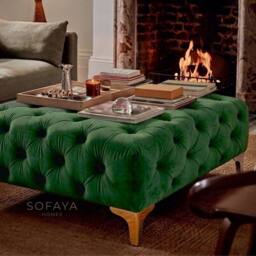 Sofaya Monaco Chesterfield Velvet Foot Stool, Deep Buttoned Coffee Table in Green - Size: 100 cm x 80 cm - thumbnail 2