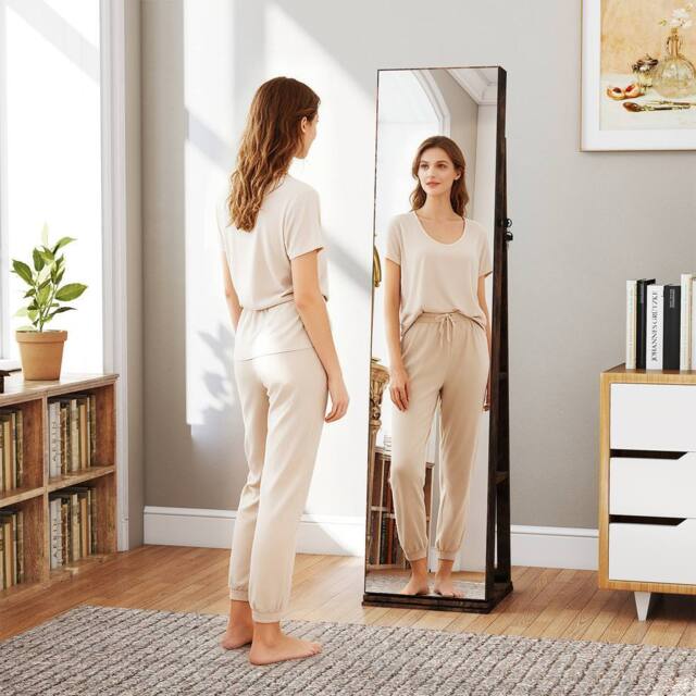 Gymax Jewellery Mirror Cabinet 360° Swivel Jewelry Organizer With LED Lights in Brown - image 1