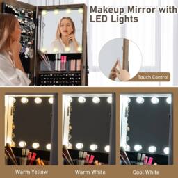 Gymax Jewellery Mirror Cabinet 360° Swivel Jewelry Organizer With LED Lights in Brown - thumbnail 3
