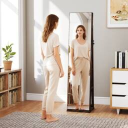 Gymax Jewellery Mirror Cabinet 360° Swivel Jewelry Organizer With LED Lights in Brown - thumbnail 1