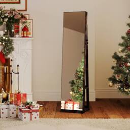 Gymax Jewellery Mirror Cabinet 360° Swivel Jewelry Organizer With LED Lights in Brown - thumbnail 2