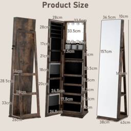 Gymax Jewellery Mirror Cabinet 360° Swivel Jewelry Organizer With LED Lights in Brown - thumbnail 5