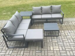 Fimous Aluminium 5 Pieces Garden Furniture Sofa Set with Cushions 7 Seater Outdoor Patio Set with Square Coffee Table Big Footstool Side Table - thumbnail 2