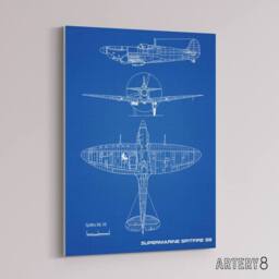 "Artery8 Supermarine Spitfire 5b Blueprint Canvas Wall Art Print in Blue - Size: W24"" x H32""" - thumbnail 2