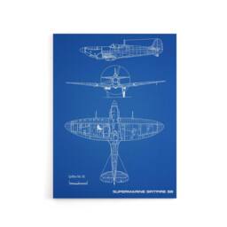 "Artery8 Supermarine Spitfire 5b Blueprint Canvas Wall Art Print in Blue - Size: W24"" x H32""" - thumbnail 1