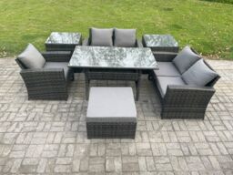 Fimous Wicker Rattan Garden Dining Set Outdoor Furniture Sofa with Dining Table Double Seat Sofa 2 Side Tables Big Footstool Dark Grey Mixed - thumbnail 1
