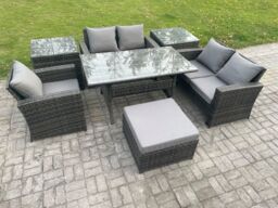 Fimous Wicker Rattan Garden Dining Set Outdoor Furniture Sofa with Dining Table Double Seat Sofa 2 Side Tables Big Footstool Dark Grey Mixed - thumbnail 2