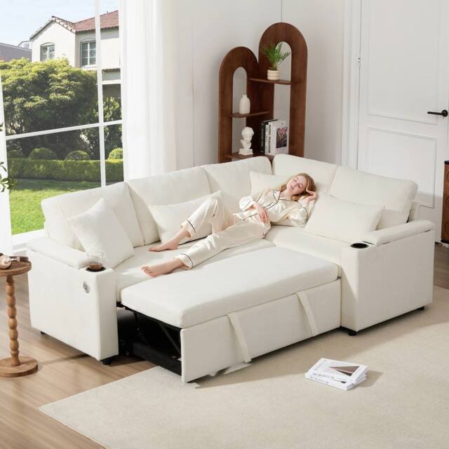 BTM L Shaped Pull Out Sofa Bed Storage USB Cup Holders Sleeper Sofa in White - image 1