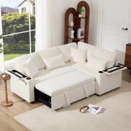 BTM L Shaped Pull Out Sofa Bed Storage USB Cup Holders Sleeper Sofa in White - thumbnail 3