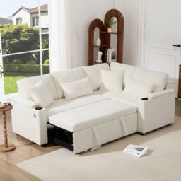BTM L Shaped Pull Out Sofa Bed Storage USB Cup Holders Sleeper Sofa in White - thumbnail 2