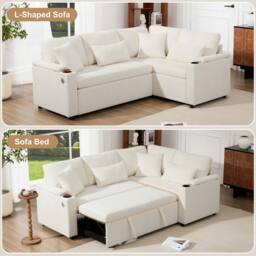 BTM L Shaped Pull Out Sofa Bed Storage USB Cup Holders Sleeper Sofa in White - thumbnail 6