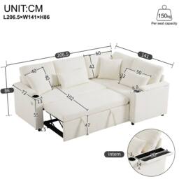 BTM L Shaped Pull Out Sofa Bed Storage USB Cup Holders Sleeper Sofa in White - thumbnail 9