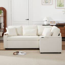 BTM L Shaped Pull Out Sofa Bed Storage USB Cup Holders Sleeper Sofa in White - thumbnail 5