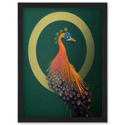 Artery8 Glamorous Stylish Chic Modern Peacock Illustration Green Gold Orange Artwork Framed Wall Art Print A4 in Black - thumbnail 1