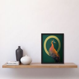 Artery8 Glamorous Stylish Chic Modern Peacock Illustration Green Gold Orange Artwork Framed Wall Art Print A4 in Black - thumbnail 2