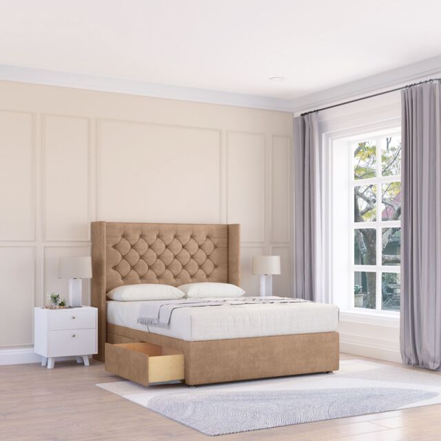 "Sloomy Dior Naples Wingback Bed Set, No Drawers & 54"" Floor Standing Headboard in Light Sand - Size: Single" - image 1