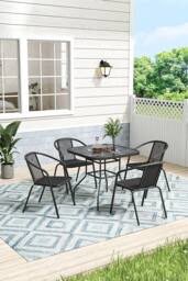 H&O Direct Square Tempered Glass Outdoor Table with 4 PE Rattan Chairs