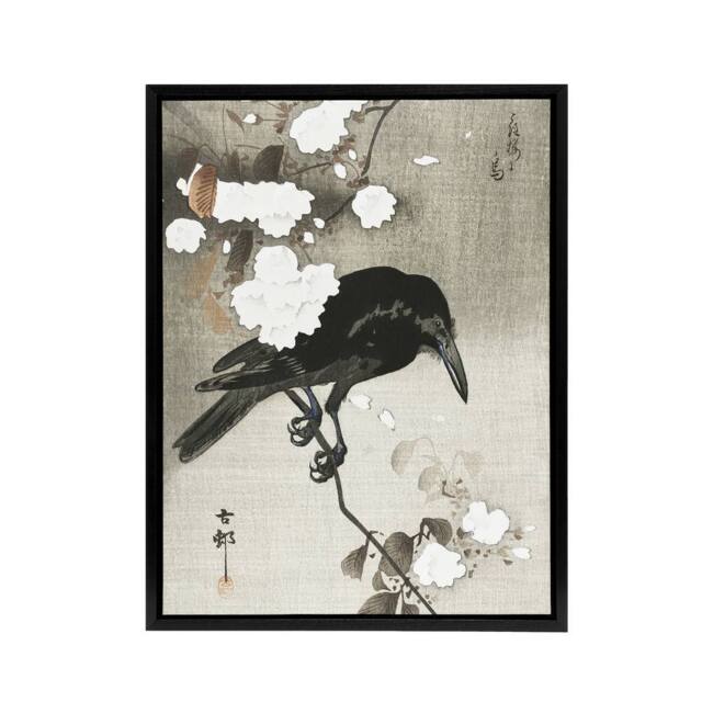 "Artery8 Crow With Cherry Blossom Flowers Framed Canvas Wall Art Print Koson in Grey - Size: W24"" x H32""" - image 1
