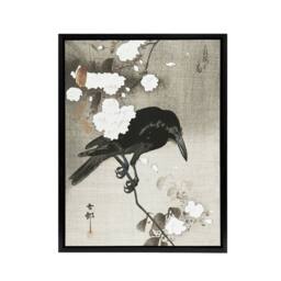 "Artery8 Crow With Cherry Blossom Flowers Framed Canvas Wall Art Print Koson in Grey - Size: W24"" x H32""" - thumbnail 1