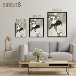 "Artery8 Crow With Cherry Blossom Flowers Framed Canvas Wall Art Print Koson in Grey - Size: W24"" x H32""" - thumbnail 4