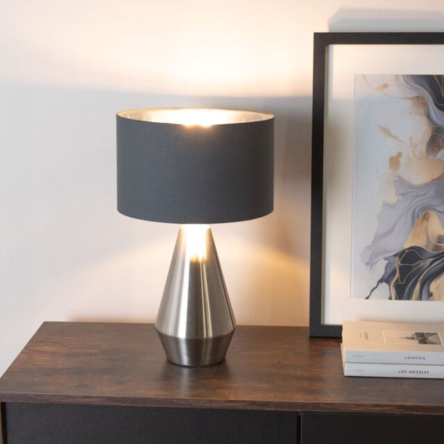 ValueLights Jax Chrome Dimmable Touch Table Lamp with Fabric Drum & Chrome Inner Lamp Shade in Charcoal - image 1