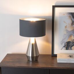 ValueLights Jax Chrome Dimmable Touch Table Lamp with Fabric Drum & Chrome Inner Lamp Shade in Charcoal - thumbnail 1