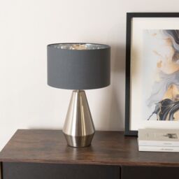 ValueLights Jax Chrome Dimmable Touch Table Lamp with Fabric Drum & Chrome Inner Lamp Shade in Charcoal - thumbnail 3