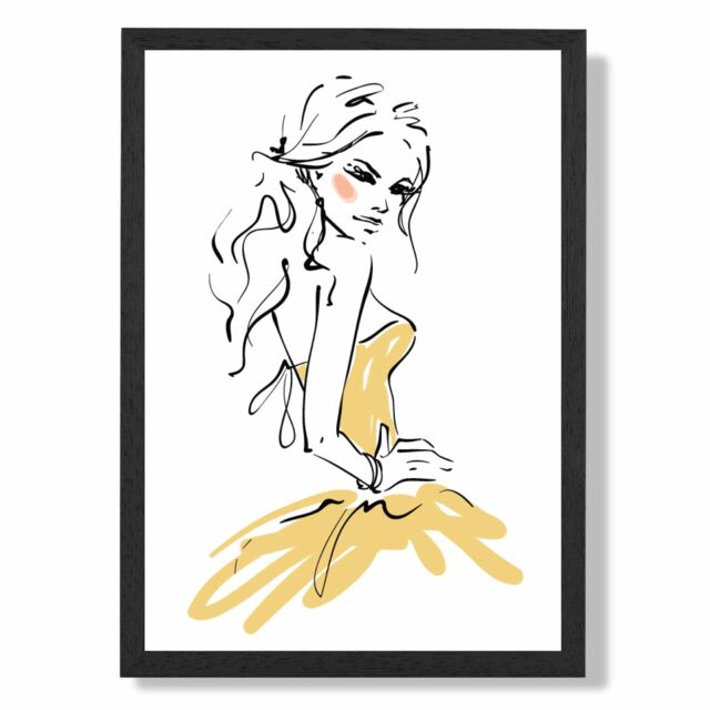 ARTZE Fashion Woman Pen & Ink Sketch Framed Print SIZE: A2 with Black Frame in Yellow - Size: A4 - image 1